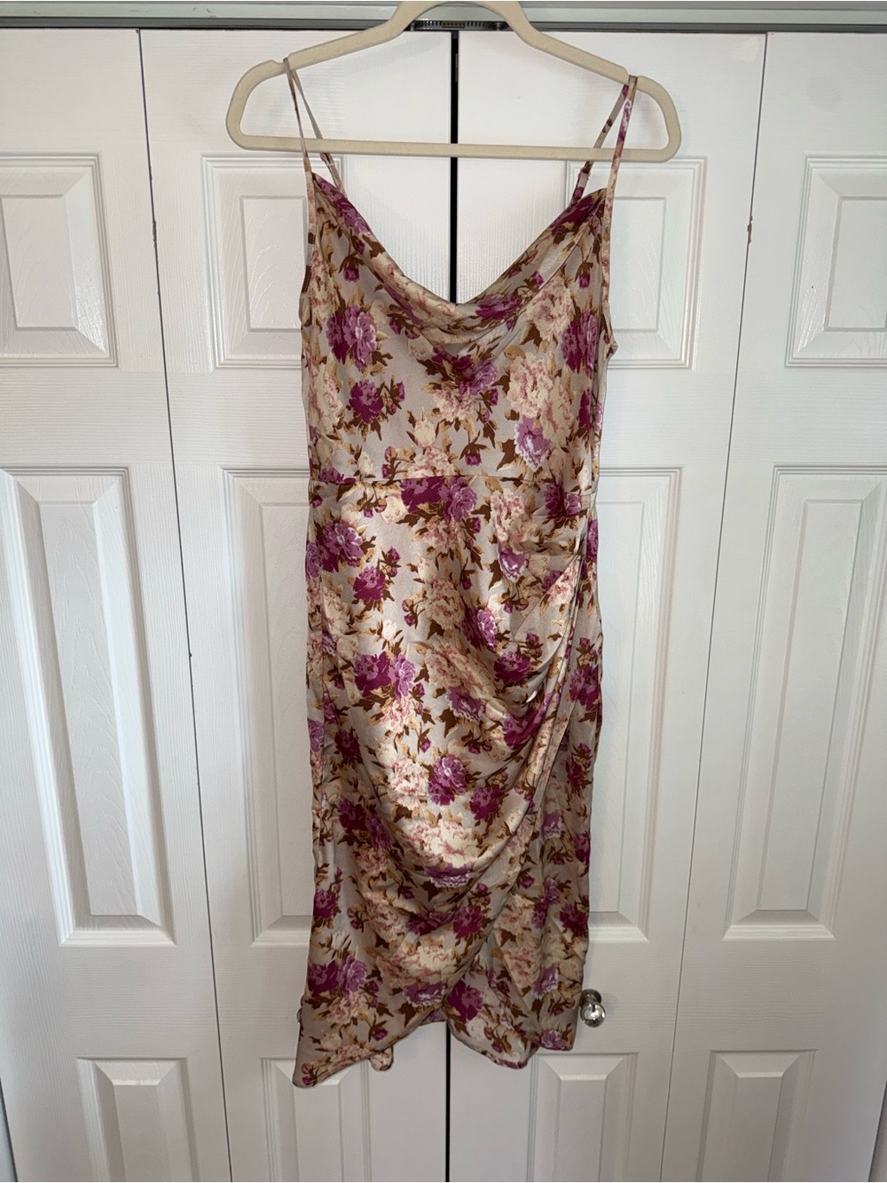 Women’s Purple Cream Tan Floral Print Cowl Neck Satin Slit Party Event Dress